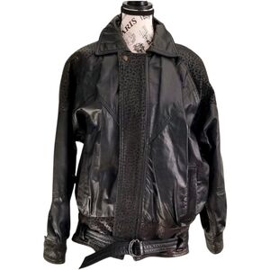 🇨🇦 90s Genuine Leather Black Leopard Bomber Jacket Size Medium Large